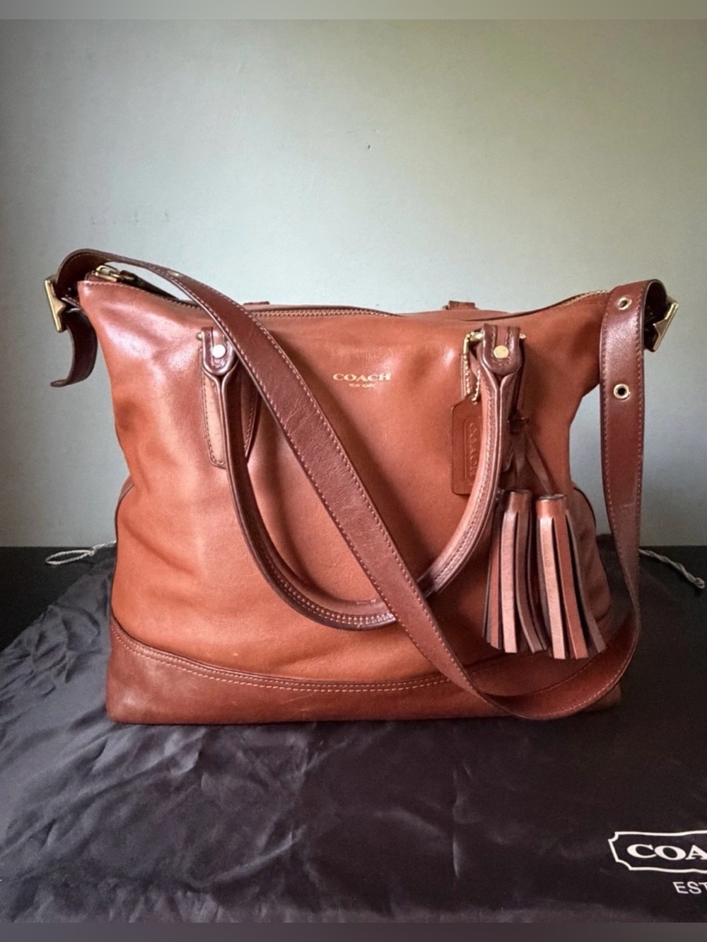 COACH Cognac Leather Legacy Rory North South Shoulder Bag/ Brass/ Match Wristlet - Picture 4 of 16